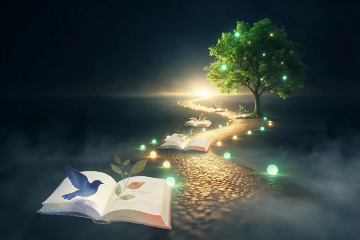 Open book with a winding path illustration